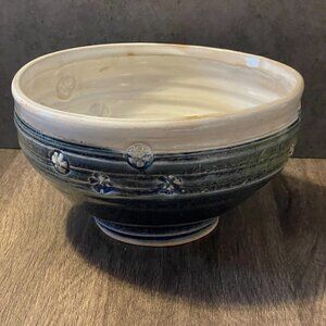Signed Studio Art Pottery Wheel Turned Bowl Floral Incised Decor Blue Green